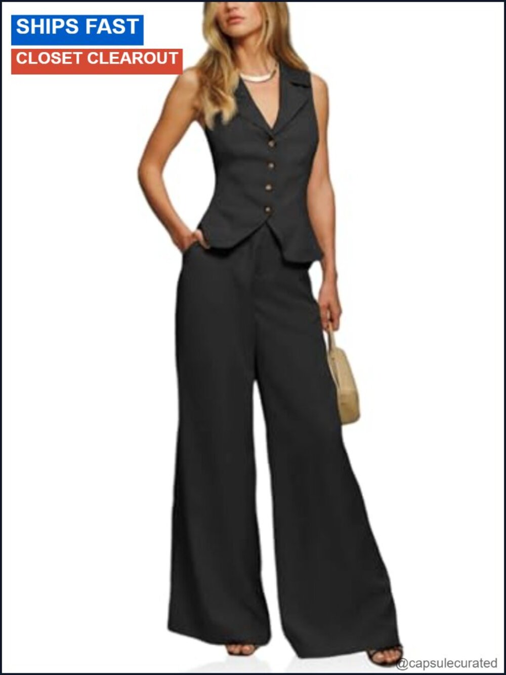 Womens Vest Set Button Crop Blazer Wide Leg Pant Suit 2 Piece